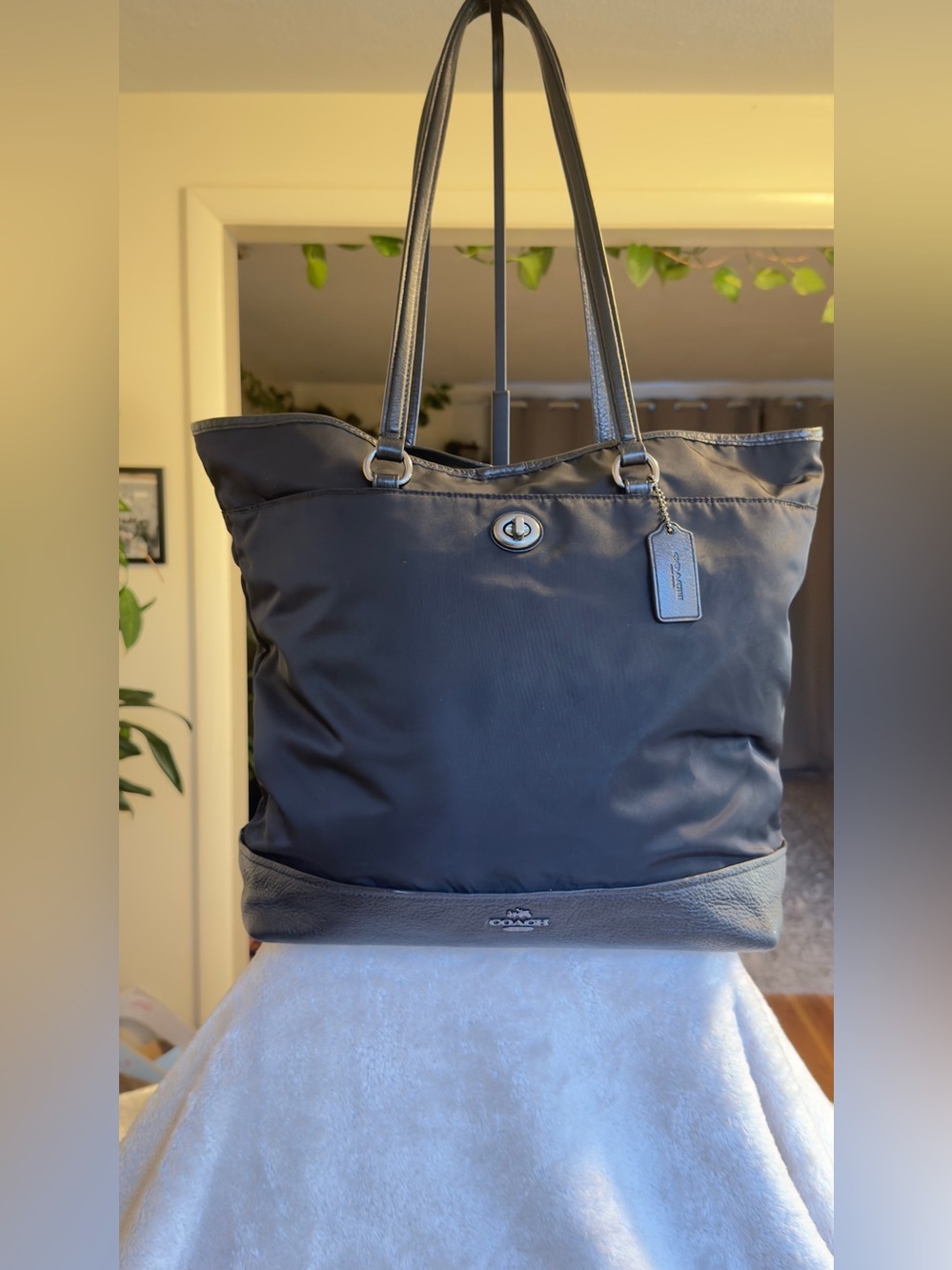 Coach Black Nylon Pebble Leather Large Turnlock Tote Bag F57903